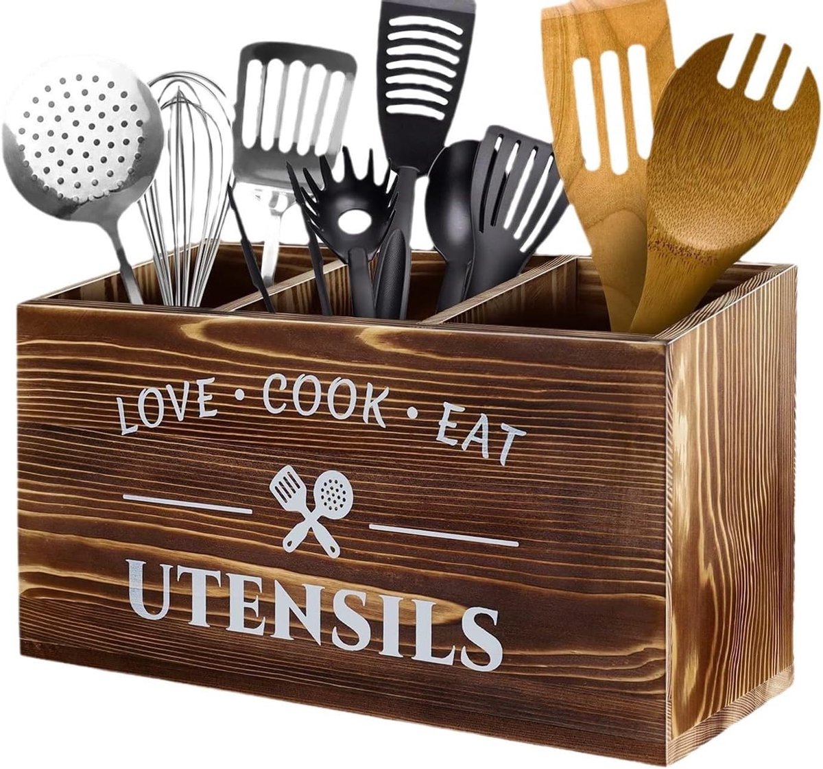 SnelShoppen - Houten Keukengerei Houder, Keuken Organizer met 3 Compartimenten, Grote Caddy voor Keukenwerkblad, Duurzaam en Robuust