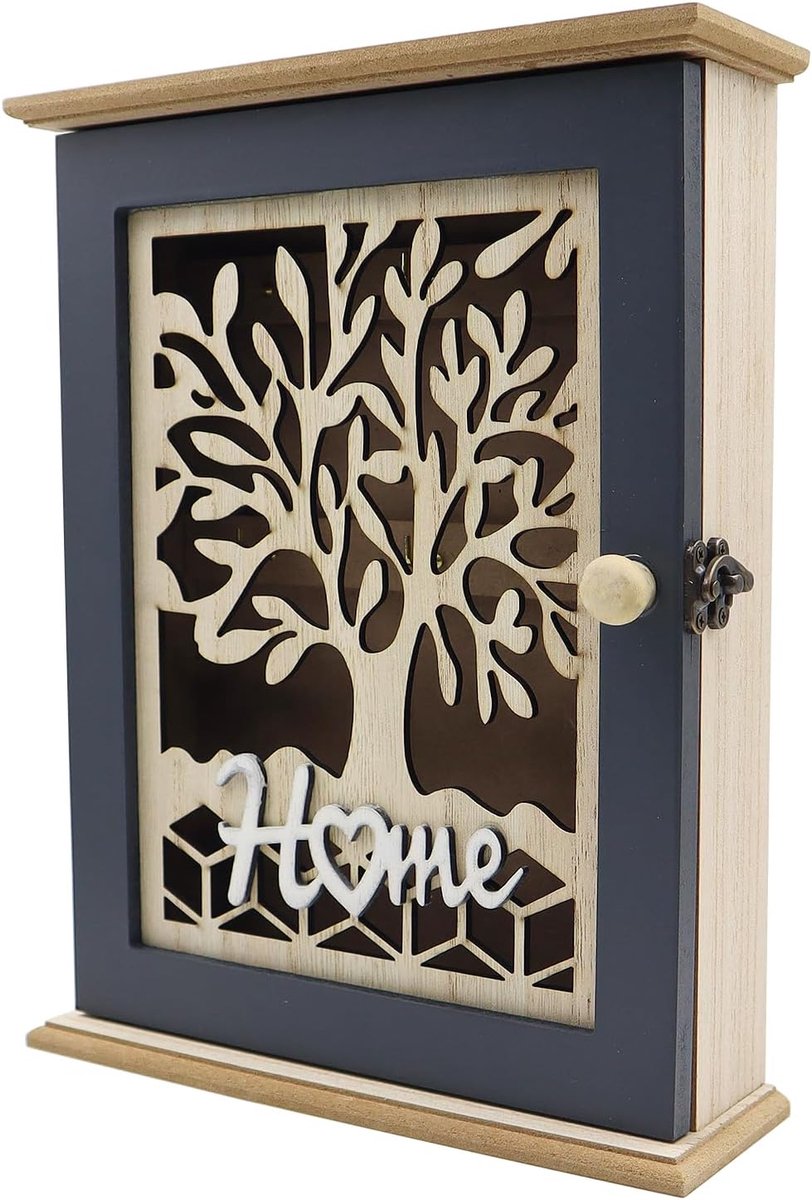 SnelShoppen - Houten Sleutelkastje 28.5 x 22 x 7 cm, Vintage Sleutelopberger met 6 Haakjes, Retro Design voor Hal, Slaapkamer, Keuken, Kantoor