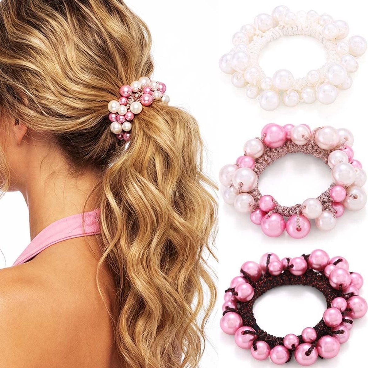Elegante Haar Scrunchies met Parels - Elastische Haarties en Ponytail Holders voor Vrouwen - Decoratieve Haaraccessoires in Wit, Roze en Gemengde Kleuren