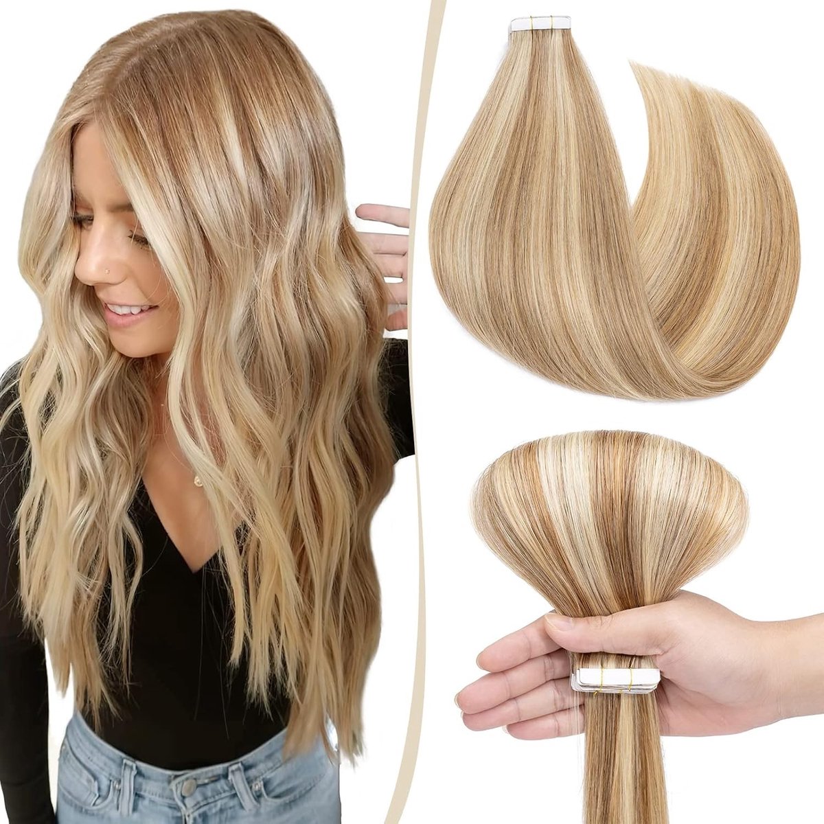 Haarverlängerung Tape Extensions 100% Echthaar 10 PCS Glatt 61cm Remy Haar in Weissbraun/Hellblond #12p613 voor Volumineuze Haarstijl