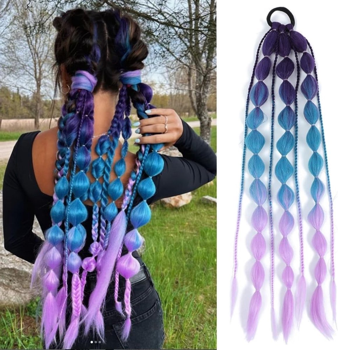 SnelShoppen - Rainbow Bubble Pigtails Extensions Met Haarband - 22 Inch Kleurige Ombre Pigtails Voor Vrouwen (Donker Paars/Blauw/Licht Paars) - Perfec