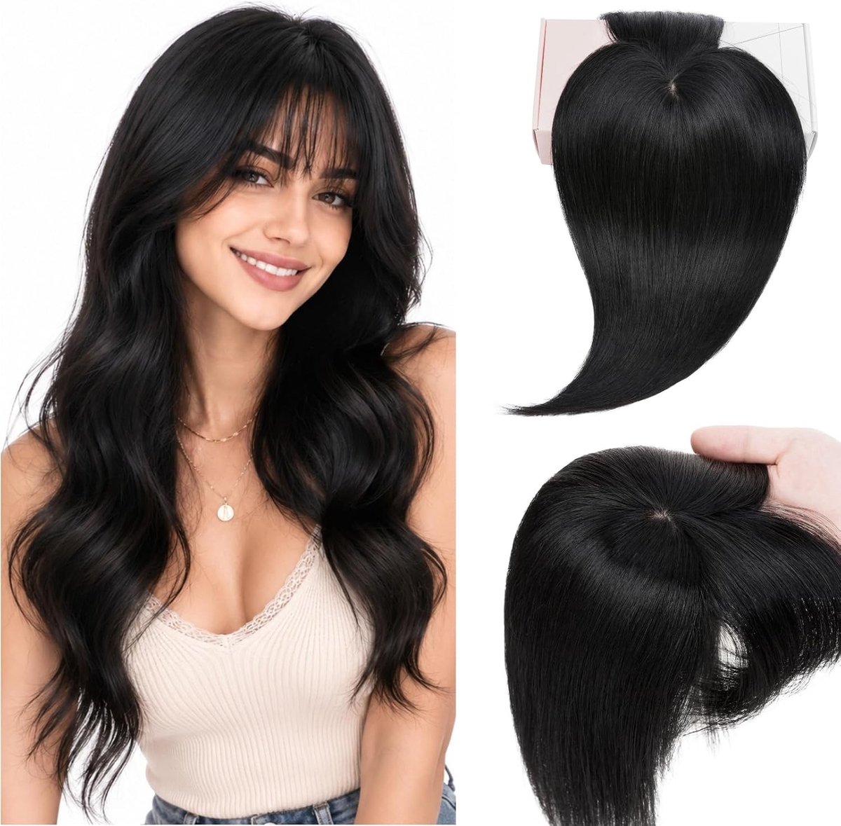 Clip-In Echte Haarstukken met Pony voor Vrouwen, 360° 3D Bedekking, Natuurlijke Look, Remy Menselijk Haar Topper, 35 cm, #1 Diep Zwart, Haaraccessoires, Haarverlenging, Kapsel Verbetering