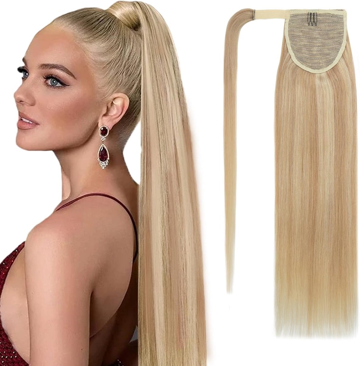Natuurlijke Ponytail Extensions van Echte Haar, 22 Inch, 95g, Onzichtbare Wrap Around, Perfect voor Vrouwen, Camel Blend Lichtblond #18RP613R
