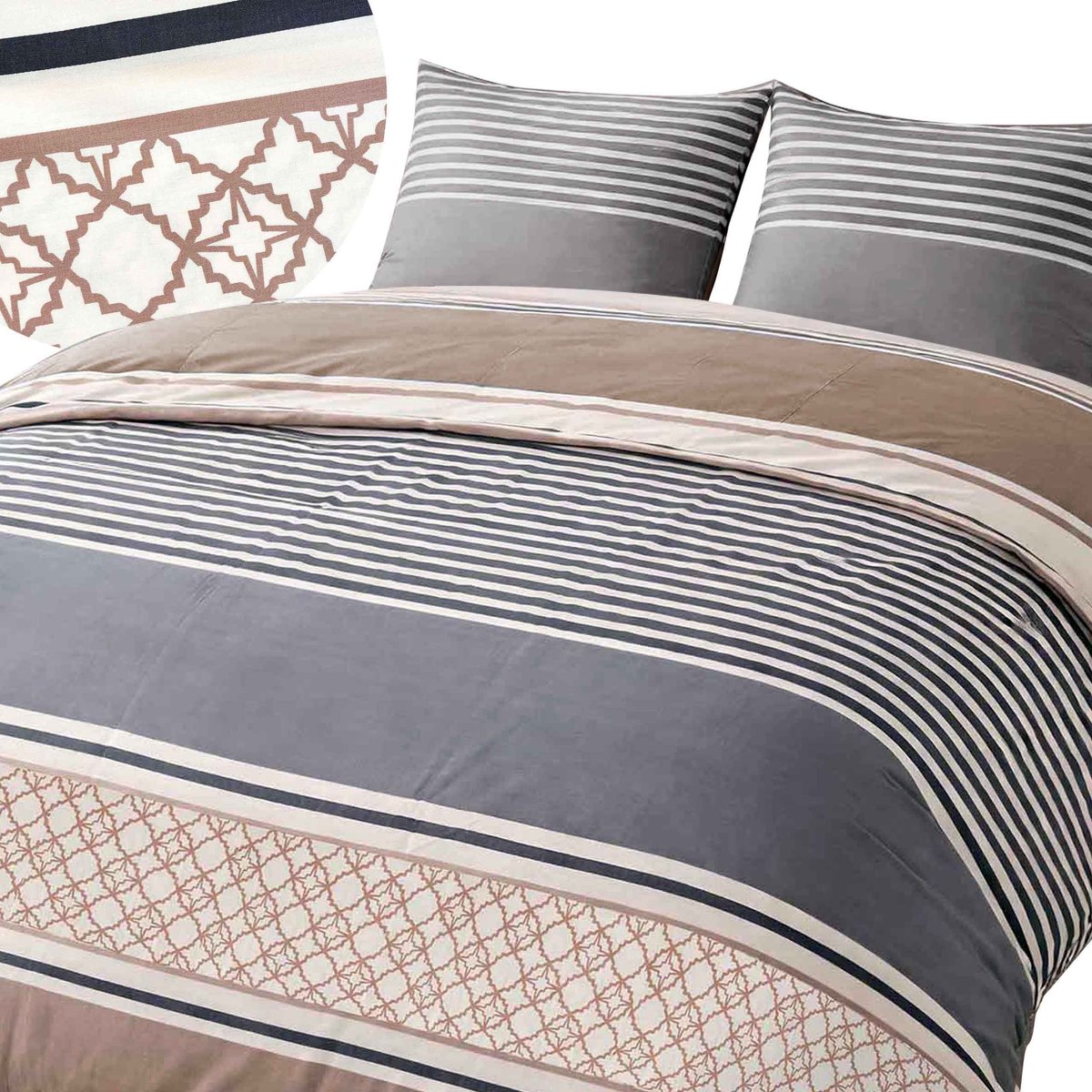 Darymex Satynlove Dekbedovertrek 180x200 cm - Grijs / Bruin - Klassieke Strepen - 100% Katoen-Satijn (120 g/m²) - Tweepersoons - Met Ritssluiting - OEKO-TEX® - Met 2 Kussenslopen 70x80 cm