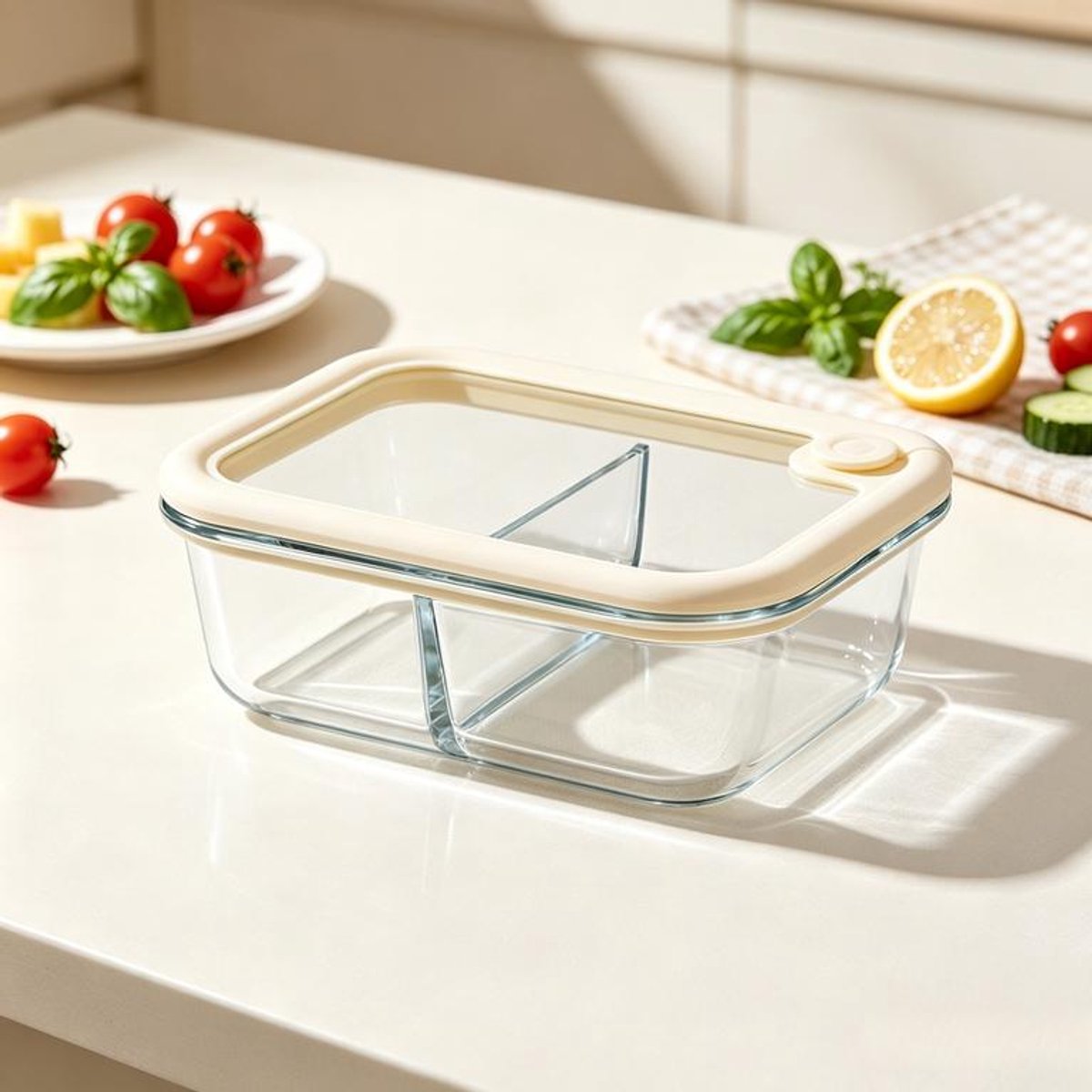 KZQ Glazen Bewaarpot - Uitstekende afsluiting, magnetronbestendig, borosilicaatglas - Geschikt voor voedselbereiding en koeling - 1040 ml - 20 x 15 cm - Dubbel compartiment - Transparant