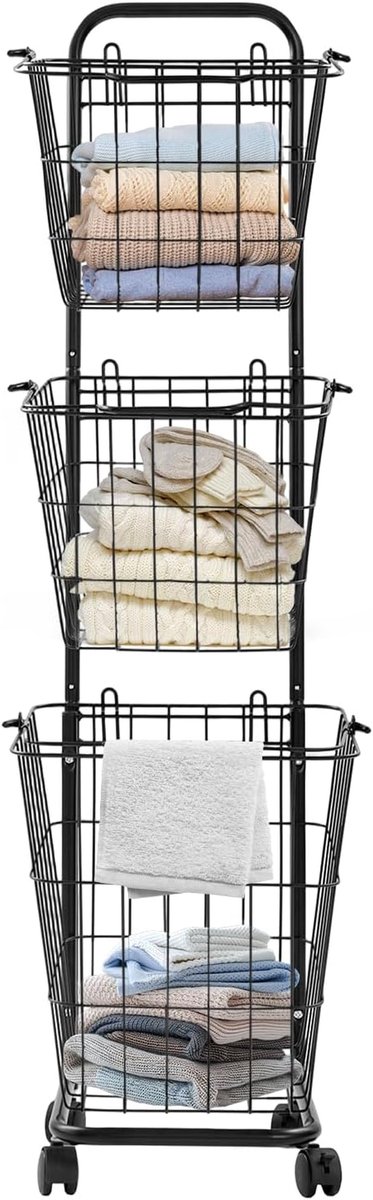 Wasmand op wieltjes - Kledingmand Wasrek - Sorteren van wasgoed - Afneembare manden met handgrepen