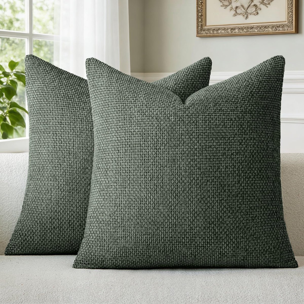 SnelShoppen - Chenille Kussenhoezen Donkergroen 45 x 45 cm, Set van 2, Zachte en Pluizige Decoratieve Kussenhoezen met Verborgen Rits, Wasbaar voor Ba