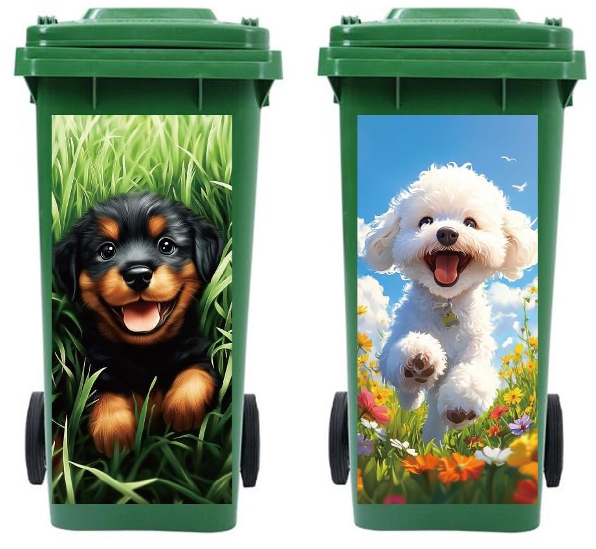 Omgoods - Set van 2 Afvalcontainerstickers met Cartoon Puppies