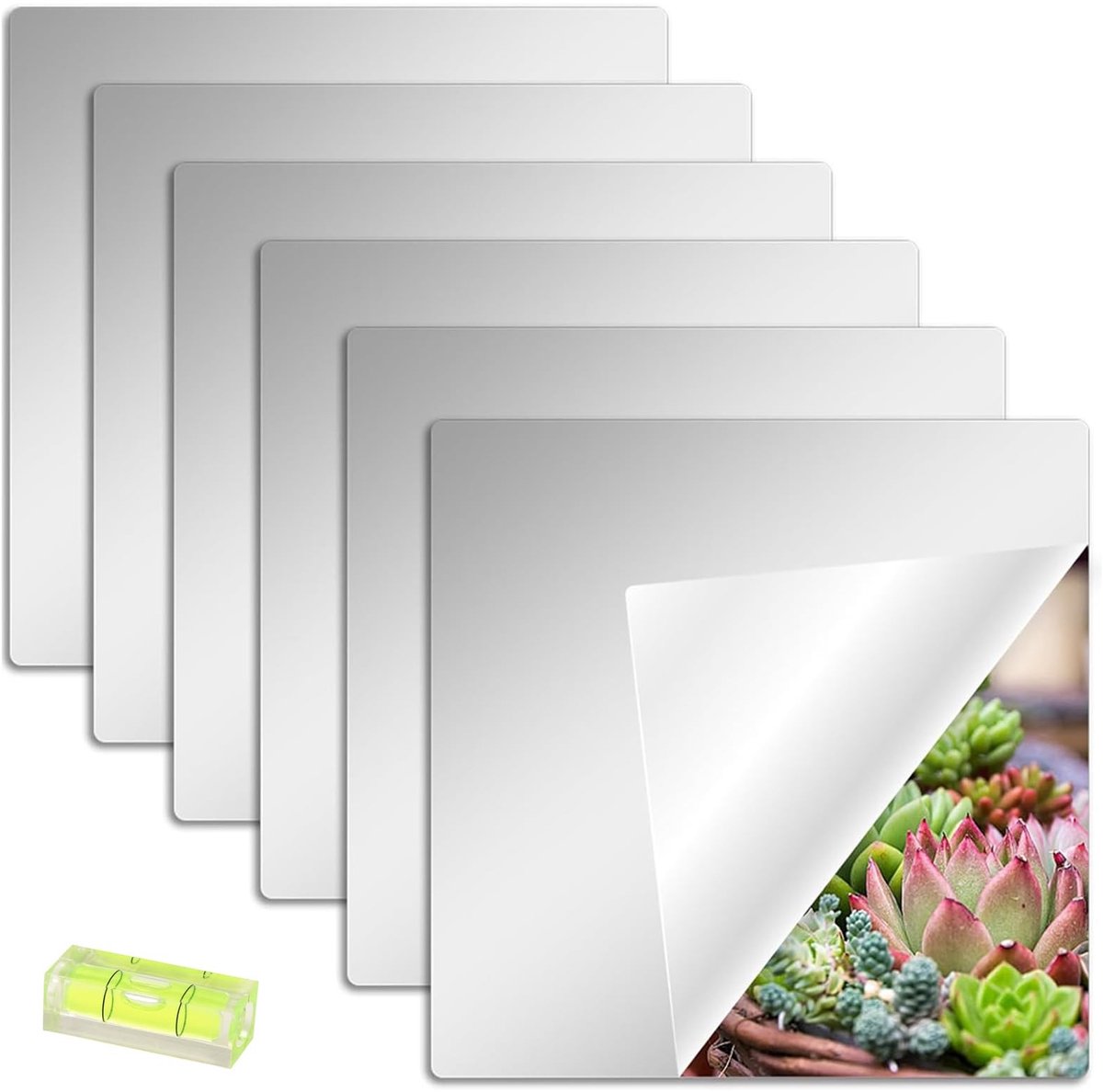 Omgoods - Set van 6 Zelfklevende Tegel Spiegels met Waterpas, 30x30cm