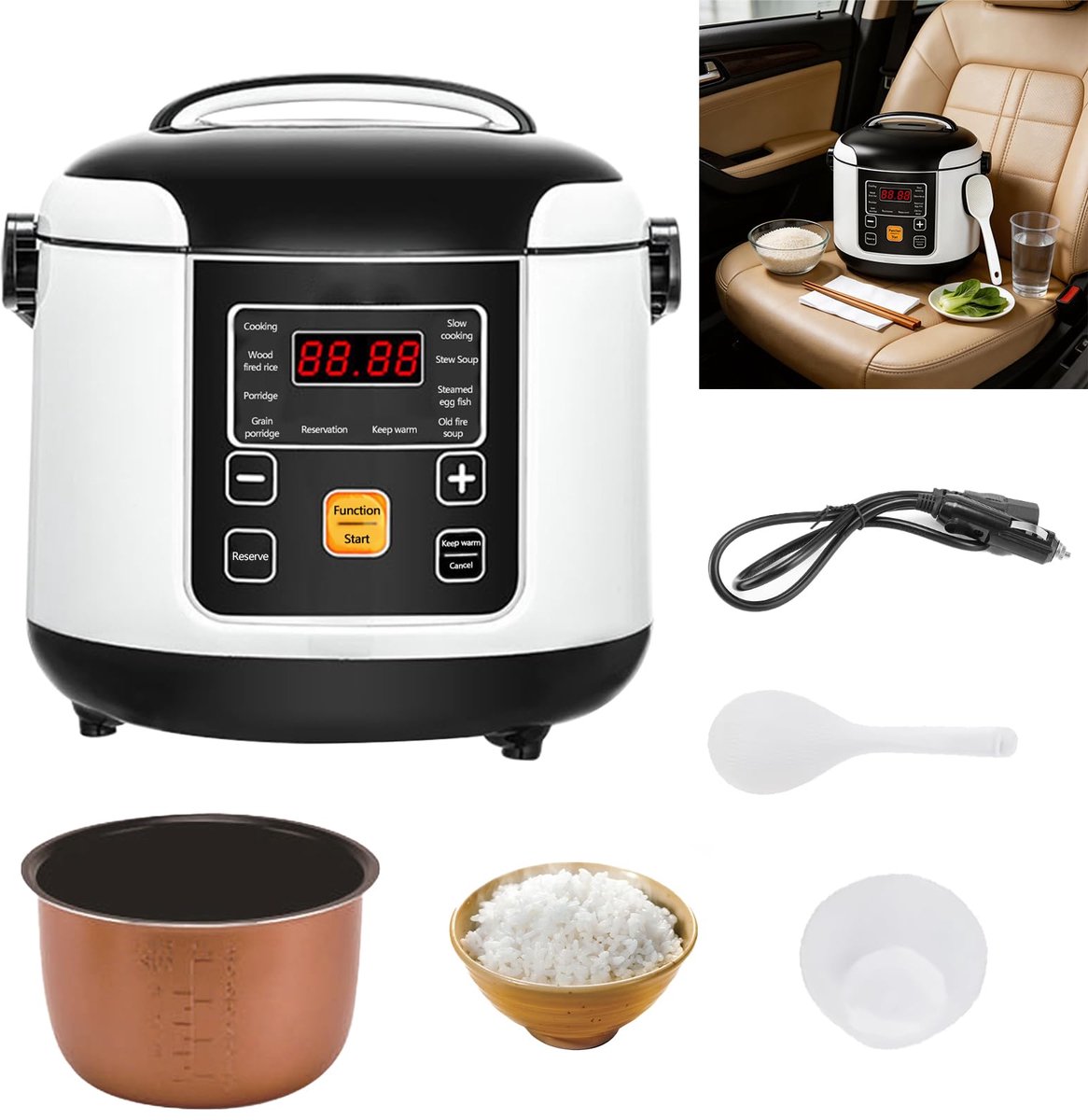 SnelShoppen - Draagbare Rijstkoker voor de Auto, 12V/24V, 200W, 2 Liter Inhoud, Warmhoudfunctie, Anti-aanbakhouder, Ideaal voor Camping, Reizen, Soep,