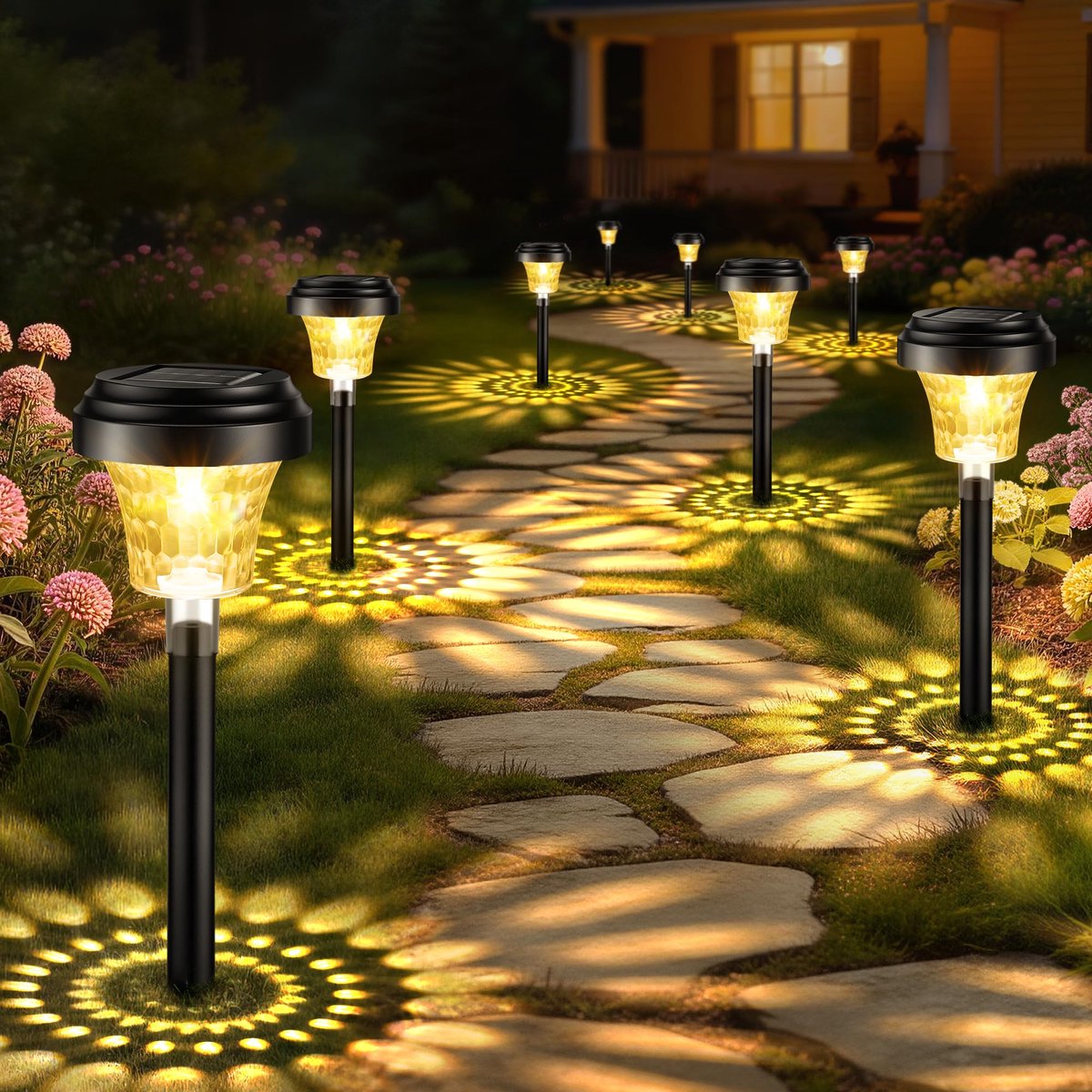 Omgoods- Zonnelamp 8 Stuks - Warm Licht/RGB Kleuren - IP65 Waterdicht - Tuinverlichting op Zonne-energie - Winterbestendig - Buitenlantaarns met Patroonprojectie