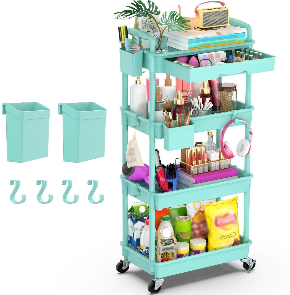 Omgoods - 4-Laags Handkar Trolley met Lade voor Keuken en Badkamer