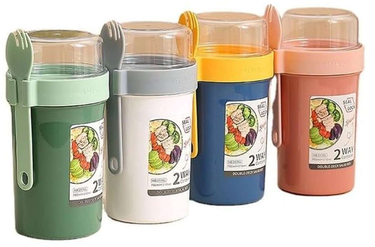 Omgoods - Set van 4 Draagbare Ontbijtcontainers met Deksel en Vork