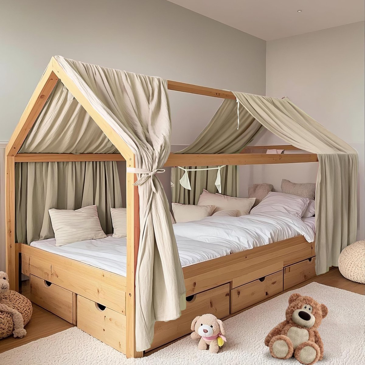 Omgoods - Set van 2 Handgemaakte Katoenen Muslin Bedgordijnen voor Kinderen, Licht Beige