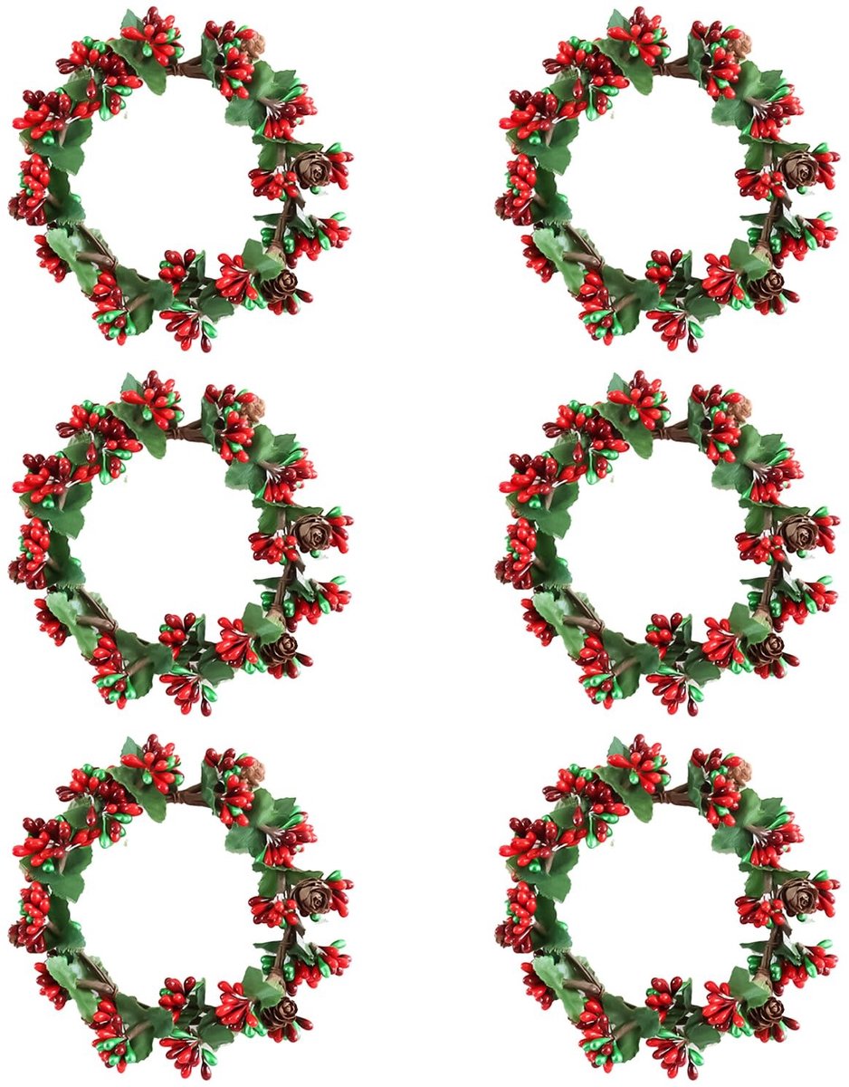 Omgoods - Set van 6 Kerstkaarsringen met Kunstmatige Bessen