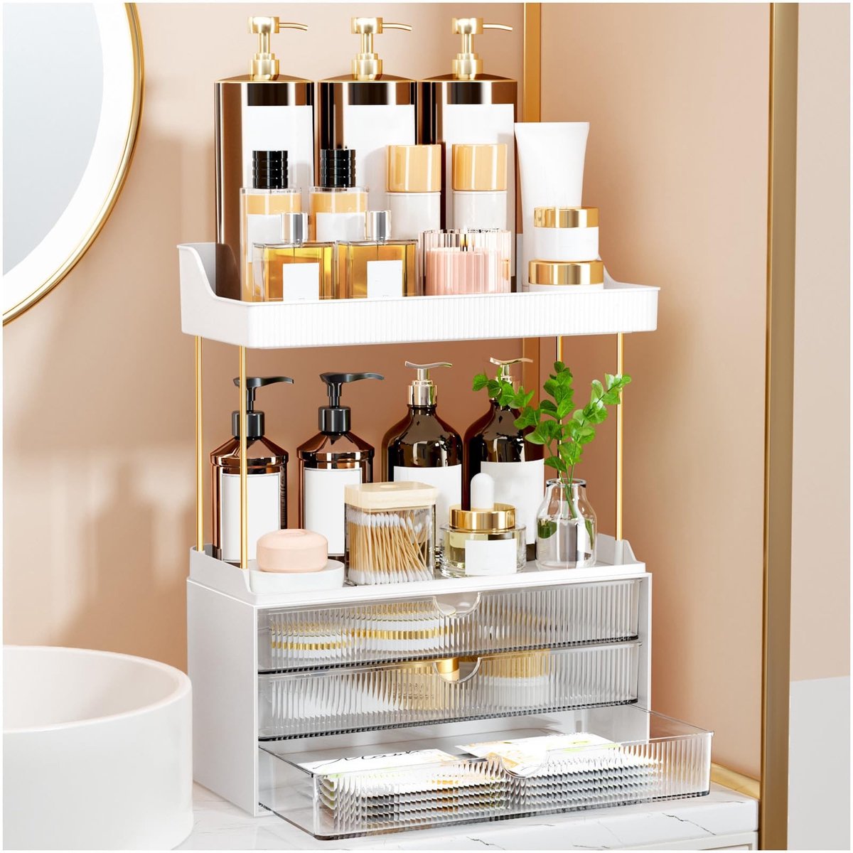 Omgoods- Make-up Organizer Draaibaar - 2 Etages - 3 Laden - Cosmetica Koffer - Badkamerorganizer - Transparant