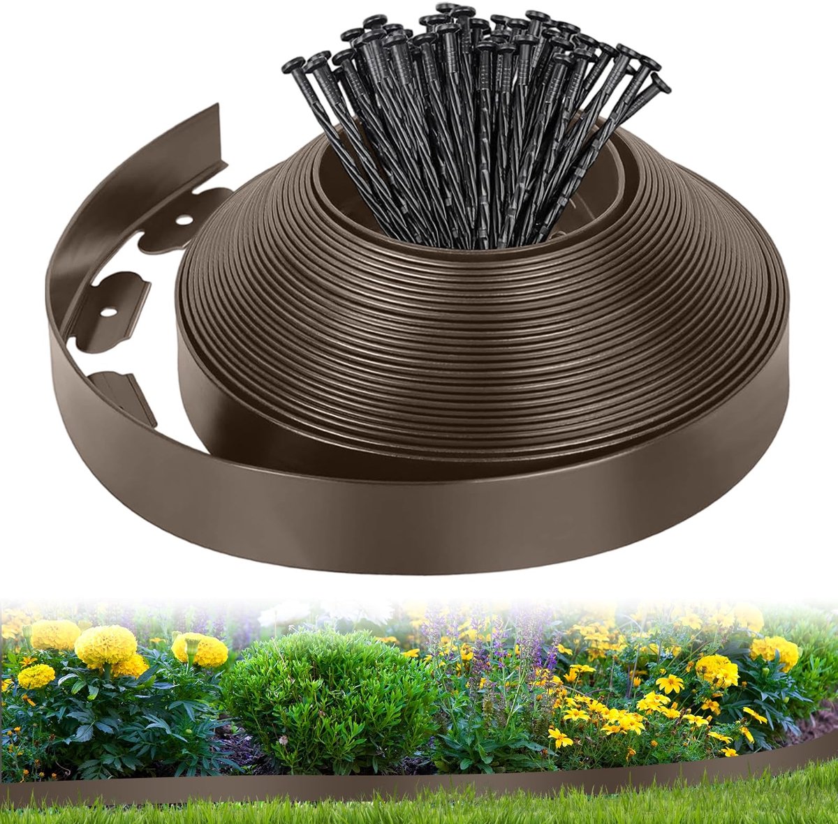 Omgoods - Flexibele Plastic Tuinrand met 50 Haringen, 10m x 5cm, Bruin