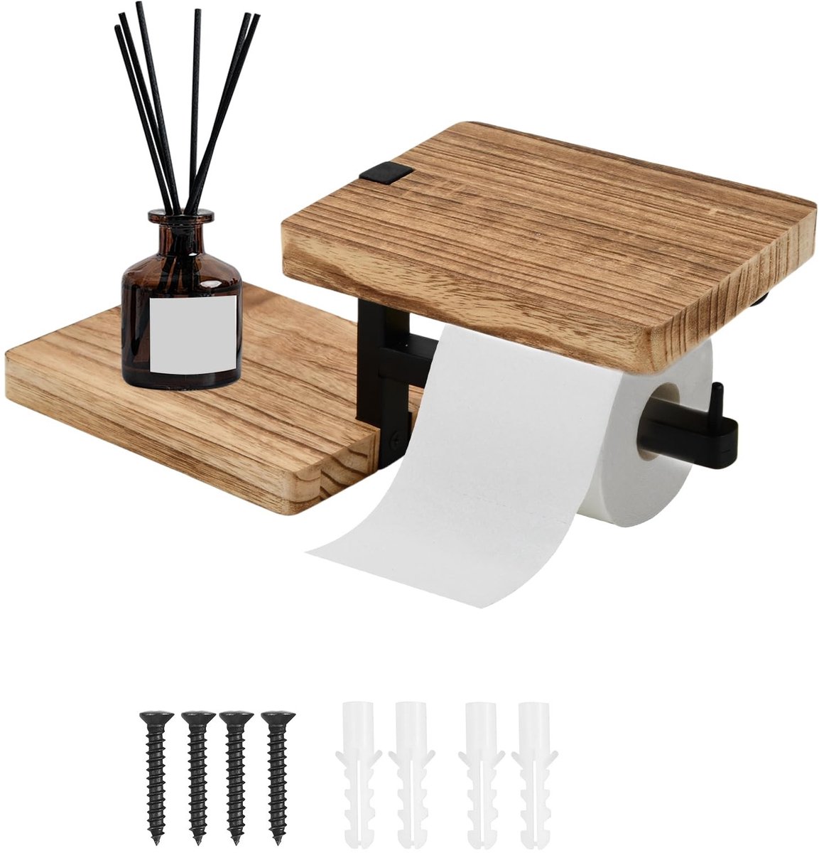 Omgoods - Houten Toiletpapierhouder met Plank en Retro Design - Wandmontage