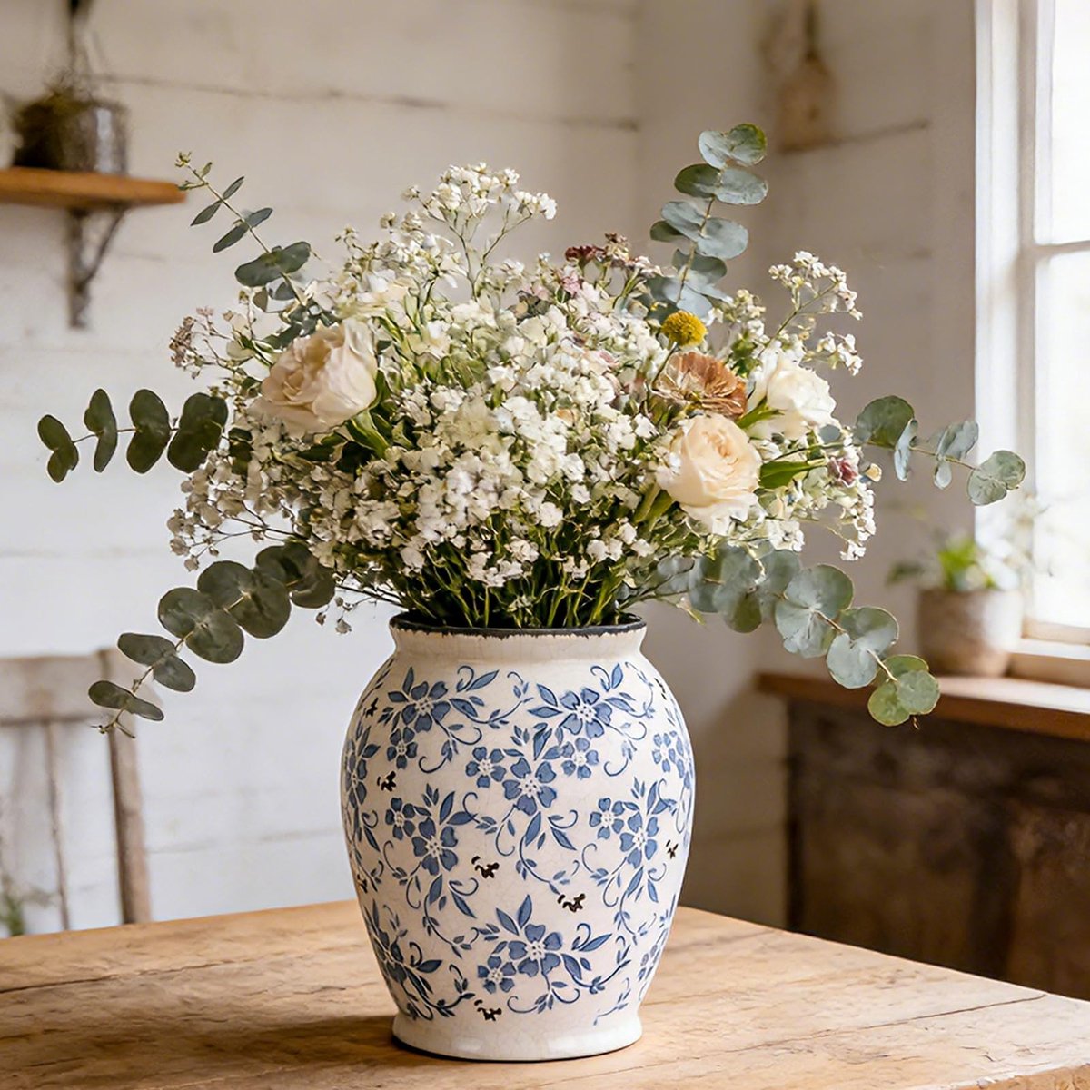 Omgoods- Keramische Vaas Vintage Blauw/Wit - Chinoiserie Decor - Grote Aardewerk Vazen - Bloemenvaas Porselein - Rustieke Boerderij Vaas - 9.7" Hoogte