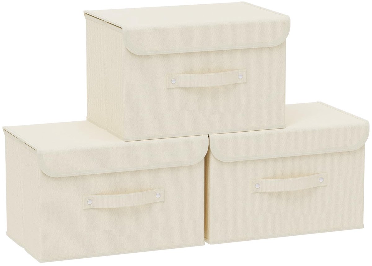 Omgoods - Opbergdozen Set van 3 met Handgrepen en Deksel - Beige Organizers voor Thuis en Kantoor