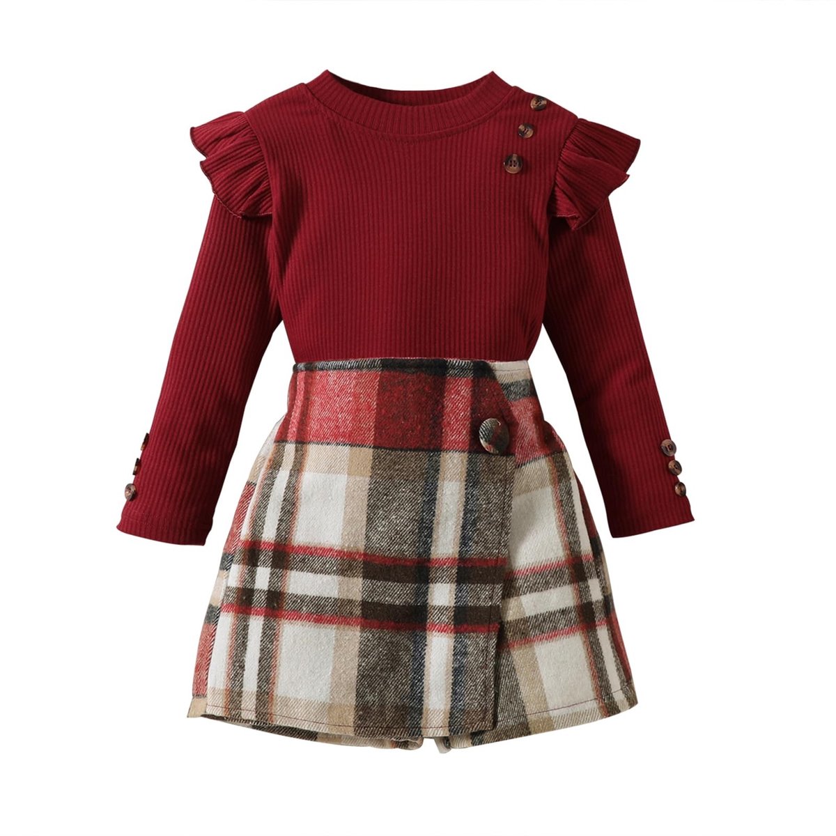 Omgoods - Meisjes Set met Lange Mouwen en Geruite Rok in Burgondisch