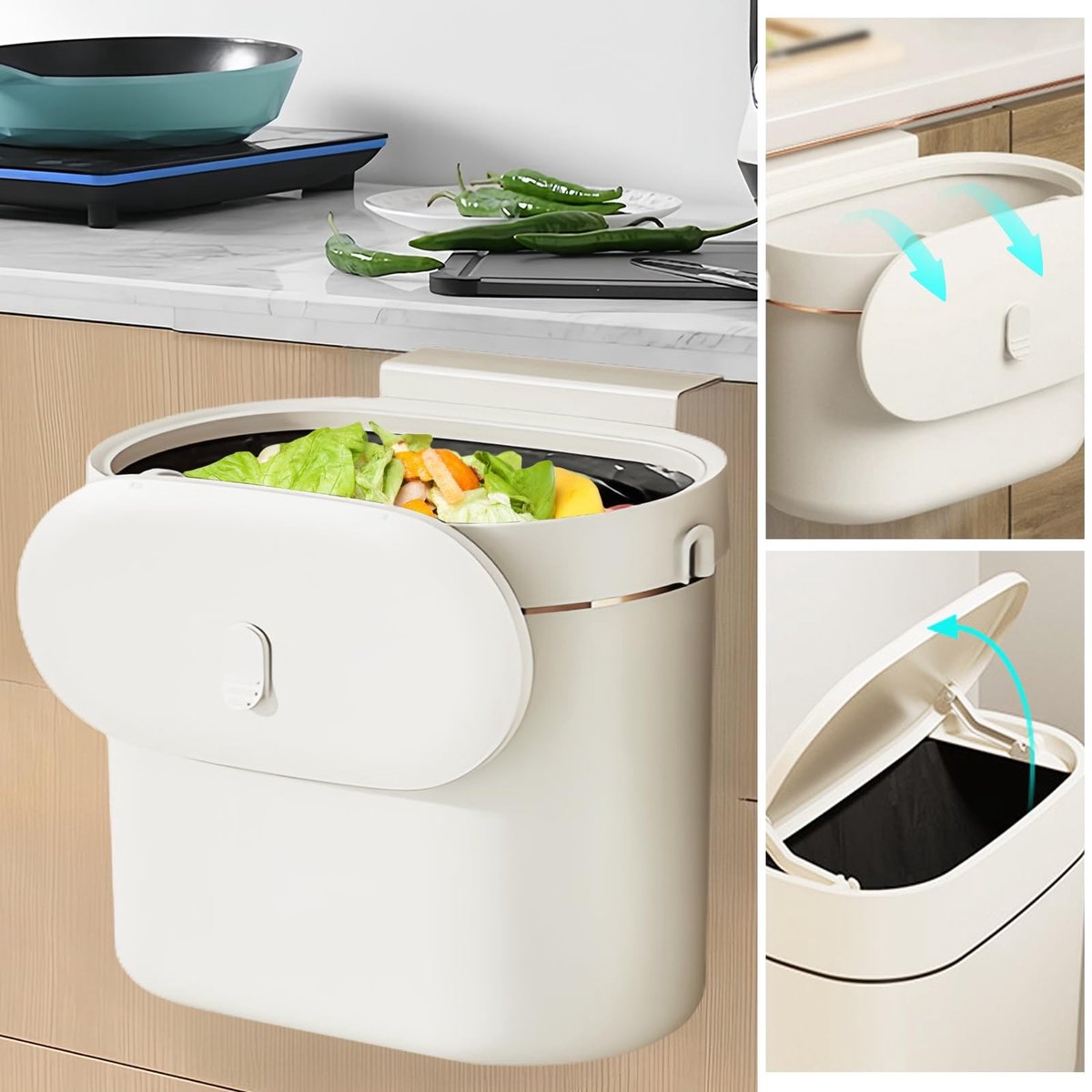 Omgoods- Afvalbak 7 Liter - Afvalbakje Aanrecht - Afvalbak Met Deksel - Afvalzakken - Afvalemmer Keuken - Compact 28 x 15 x 19 cm