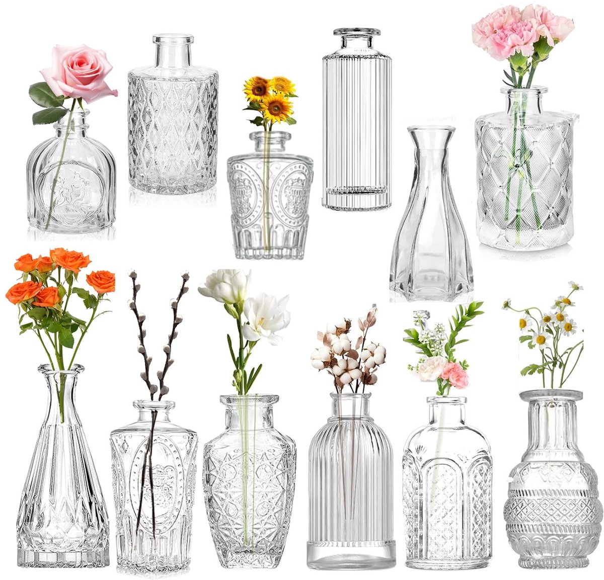 Omgoods - Set van 12 Kleine Glazen Vazen voor Tafeldecoratie