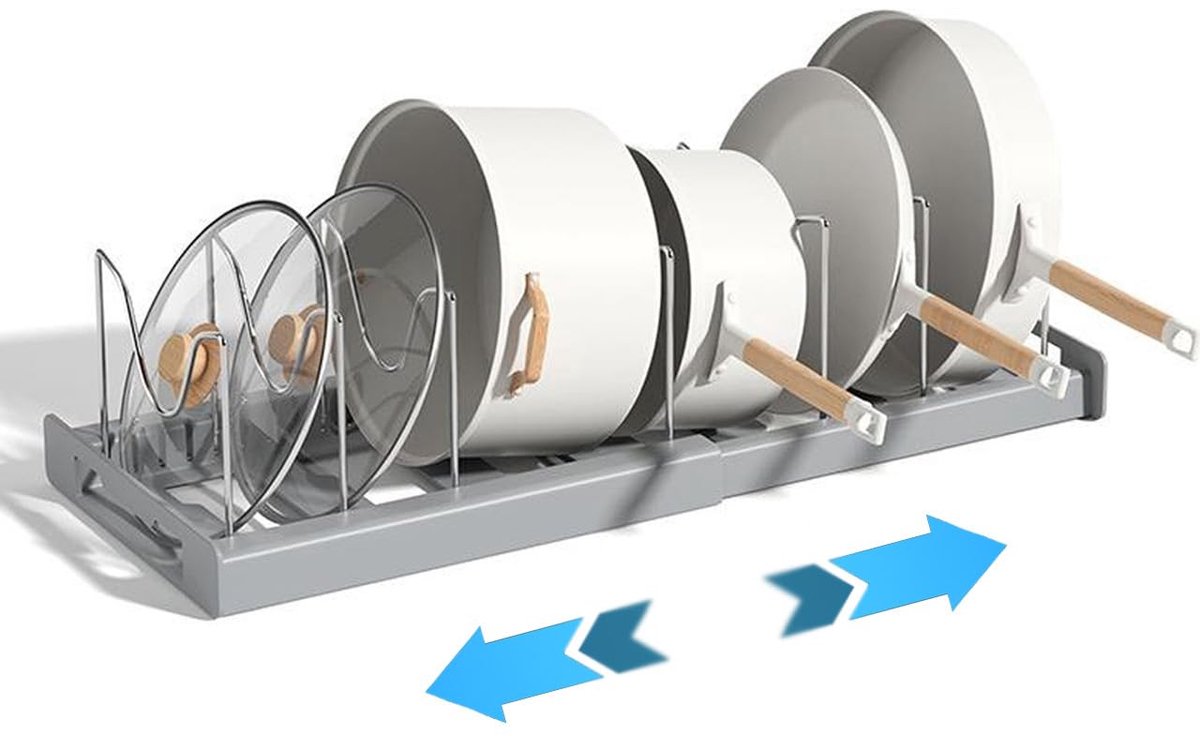 Omgoods- Pannenorganizer Verstelbaar - Keuken Organizers - Antislip - Uitbreidbare Organizer - 7 Handgrepen - Universeel - Keukenorganizer