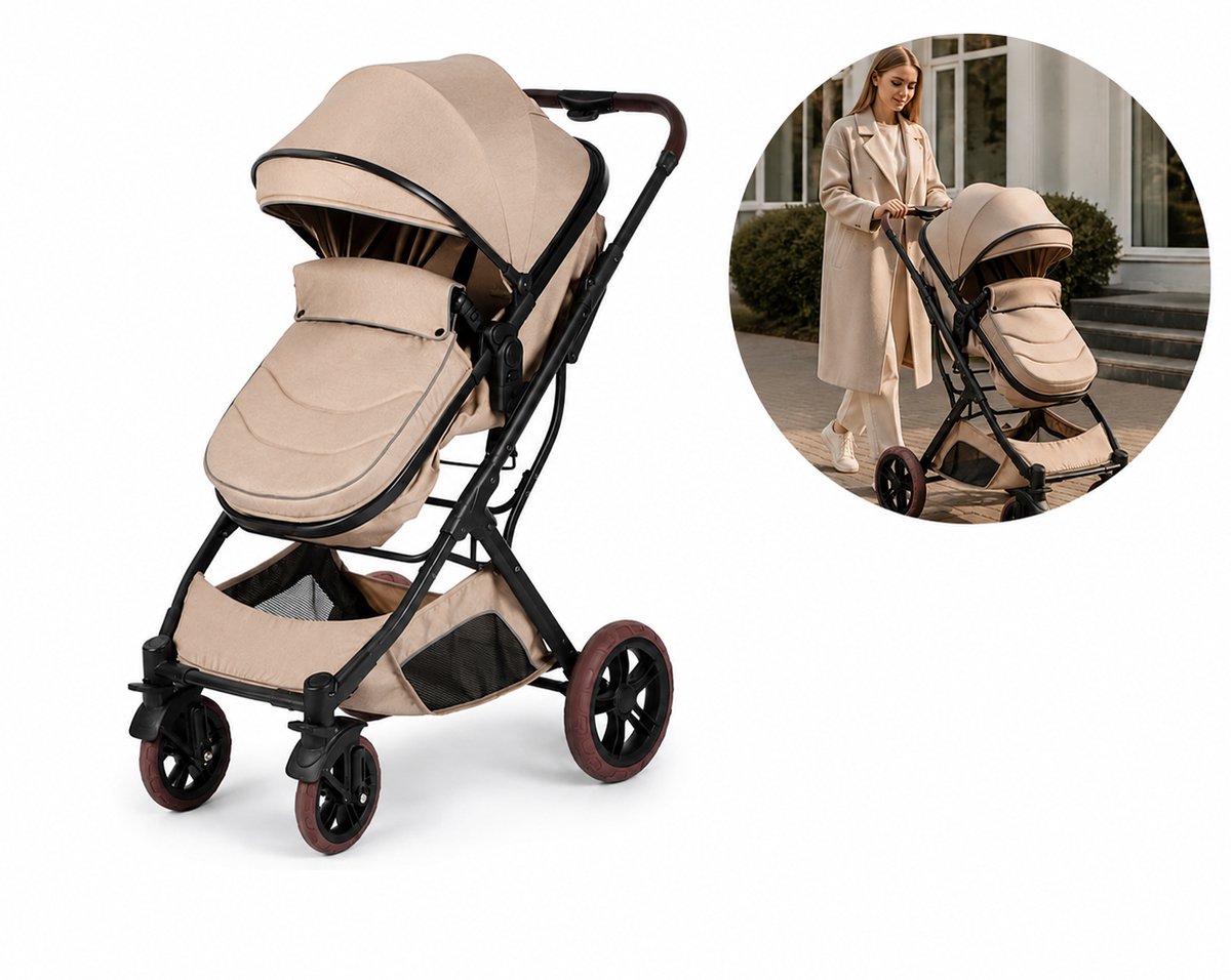 Moderne Kinderwagen - 2 in 1 Kinderwagen - Meegroei Kinderwagen Taupe - Inclusief Boodschappenmand & Zonnekap - Comfortabel & Veilig -