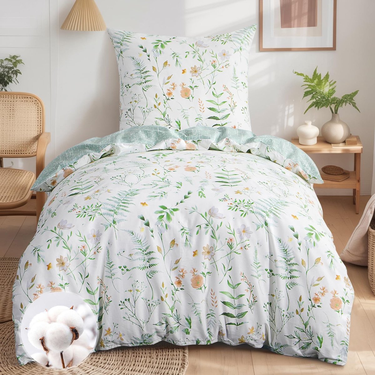 Omgoods - Bedlinnen Set 155 x 220 cm - Katoenen Groene Bloem Motief