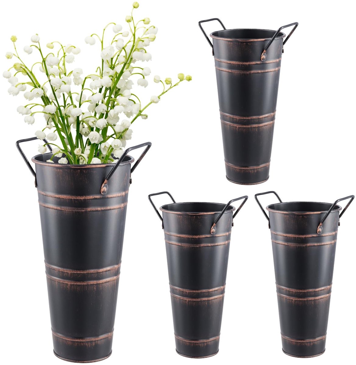 Omgoods- Metalen Vaas Set van 4 - Gegalvaniseerde Bloememmers - Rustieke Decoratie - Zwarte Vazen - 23 cm Hoog - Koperkleurige Accenten - Bloemenemmer