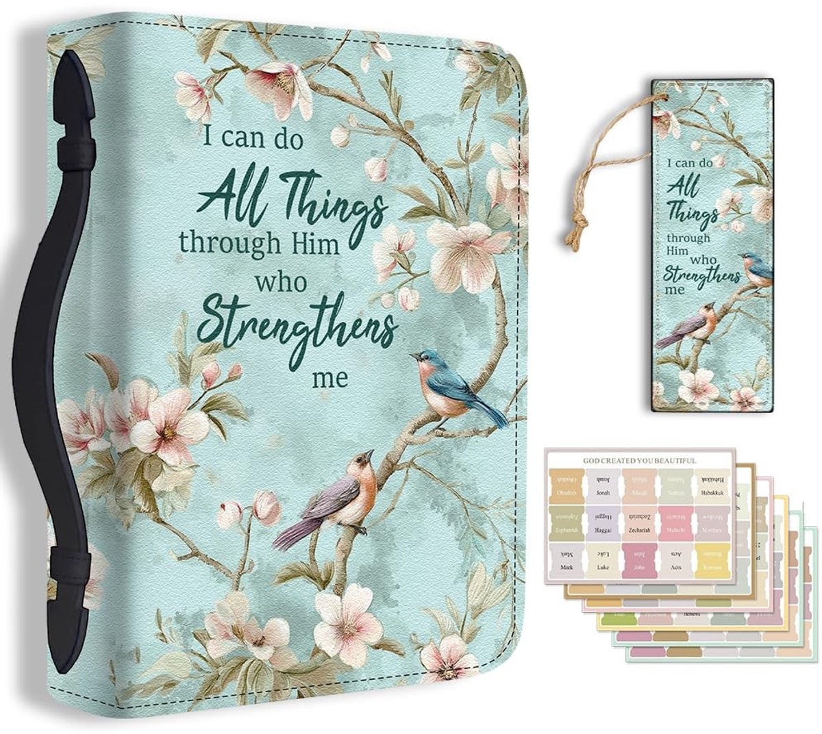 Omgoods - Grote Bijbelomslag 20,3x28,5x5,9 cm PU Leer met Bladwijzer - Vogels en Bloemen Design