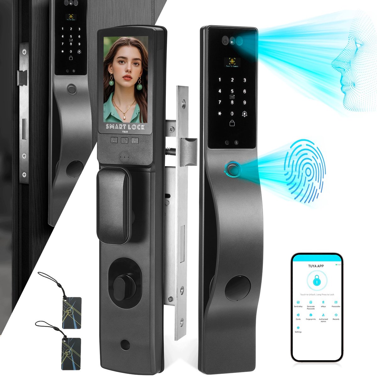 TUYA Smart WiFi Deurslot Zwart – Gezichtsherkenning, Vingerafdruk, 7 Manieren van Openen – Incl. Oplaadbare Batterij – Geschikt voor Deuren 40-120 mm – Voor Thuis, Kantoor of Appartement