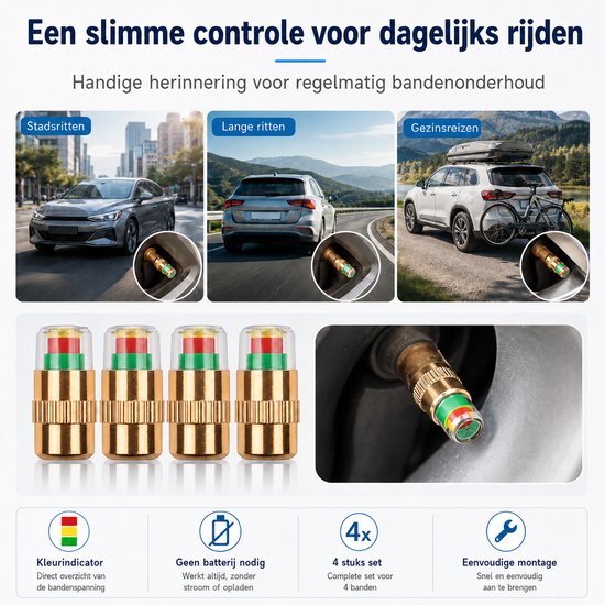 Bandenspanning Ventieldopjes - 4 Stuks - 3-Kleuren Bandenspanningsindicator - 2,4 Bar - Voor Standaard Autoventielen — afbeelding 3