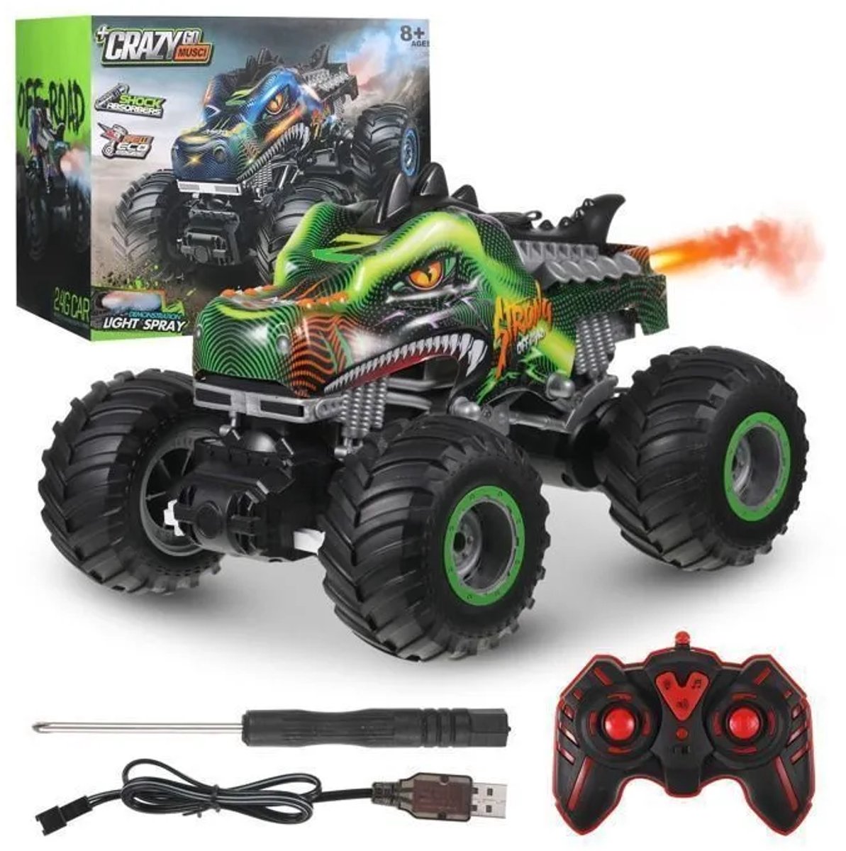TEKROA® Bestuurbare RC Auto Kind - Dinosaurus Speelgoedauto met Licht - Geluid & Rook - Off-Road Monster Truck - Oplaadbaar - 4 tot 8+ Jaar
