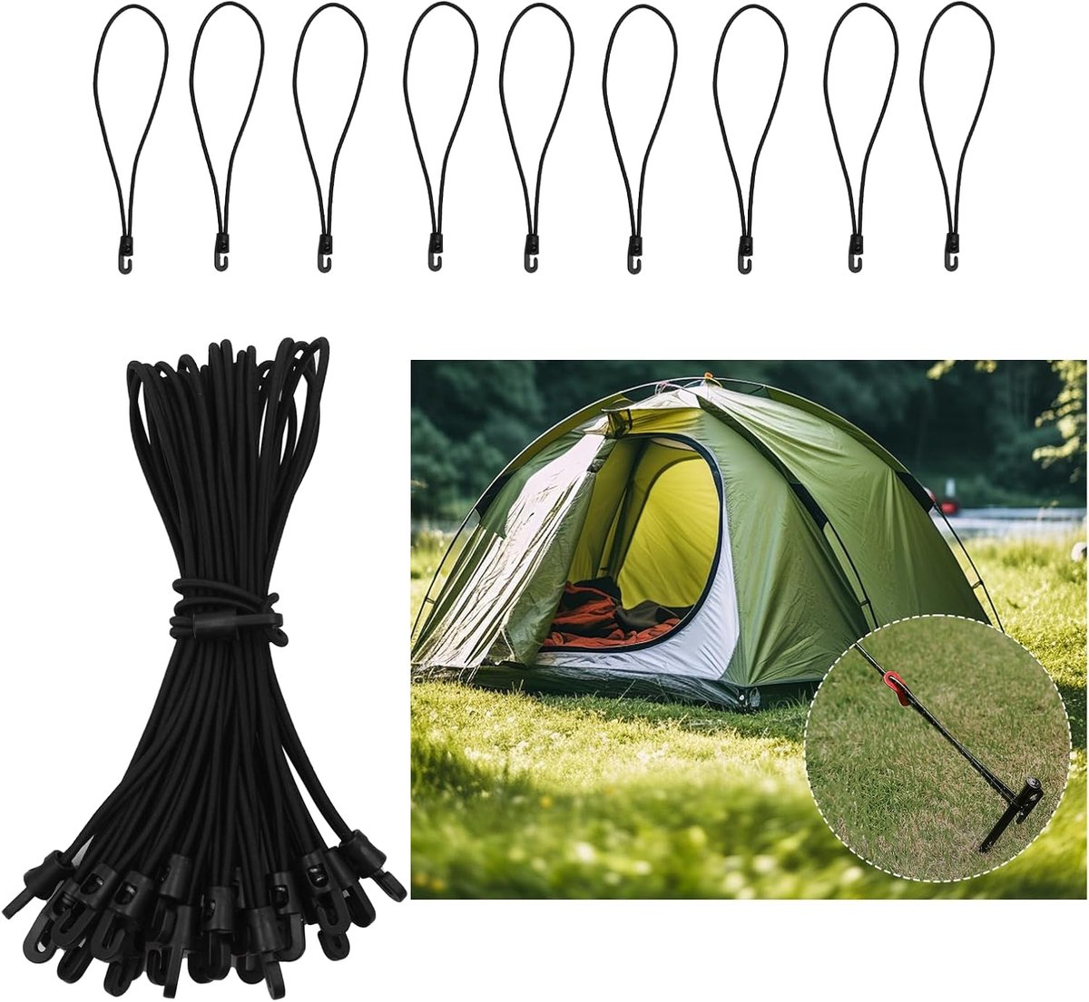 SnelShoppen - Pack van 26 Bungee Cords met Haken, Elastische Straps, Bungee Straps, Zwarte Elastische Koorden, 26 cm, Ideaal voor Camping, Tuin en Ver