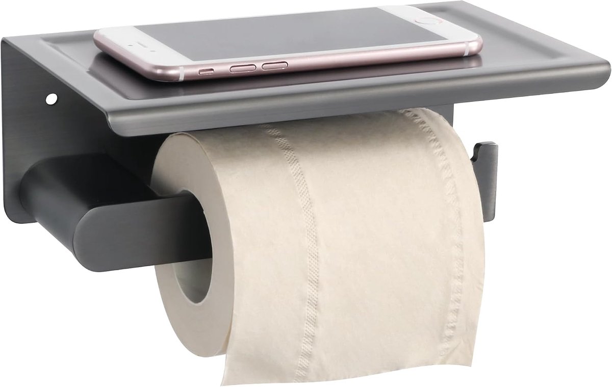 SnelShoppen - Toilettenpapierhouder met Plank - Wandbevestiging, Ruimtebesparend, Stijlvol Design, Zwart, Voor Badkamer en Toilet