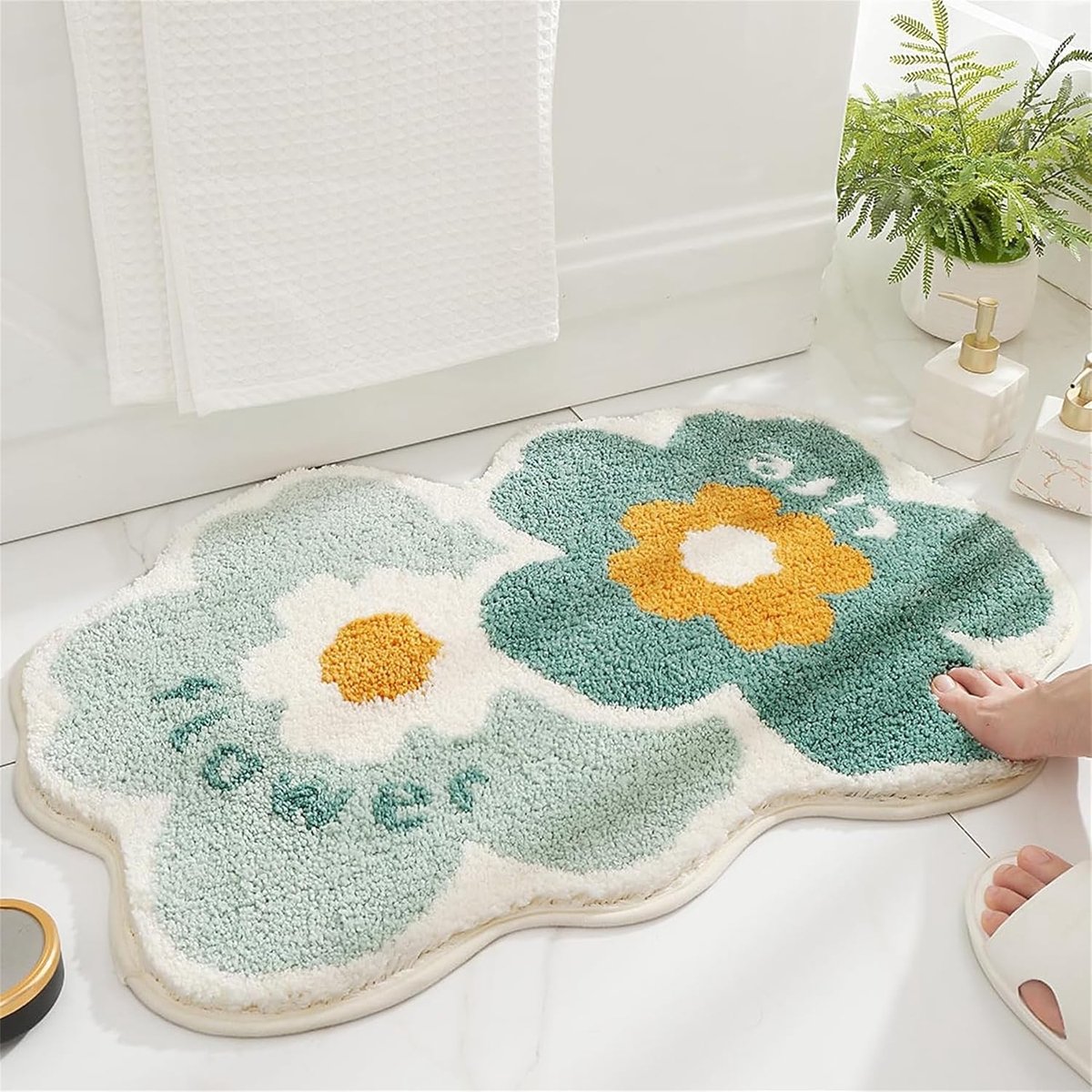 SnelShoppen - Badmat Bloemen Gemini 50 x 80cm, Antislip Badkamer Mat Zacht Polyester, Absorberende Douche Mat Machinewasbaar, Decoratieve Pluche Tapij
