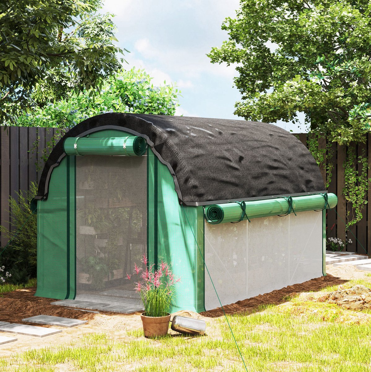 COVREO Tunnelkas 300x200x198 cm groen, 6 ramen met oprolbare zijwanden