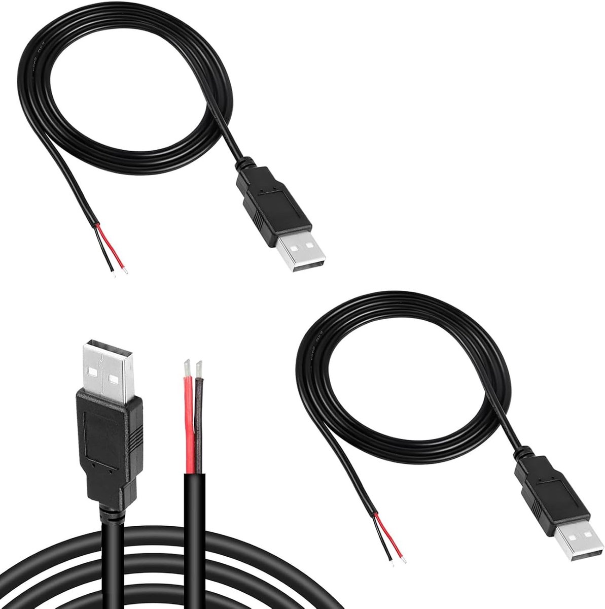 SnelShoppen - USB Pigtail 2 Pack 2 Wire USB 2.0 Kabel 2 m, 2-polige Open End Plain Draad, Plug Power Kabel, Verlengkabel 5V 2A voor Apparaten