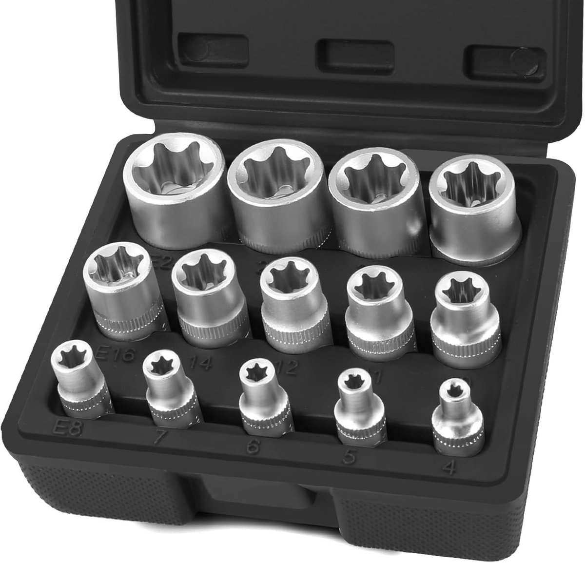 SnelShoppen - 14-delige E-Torx Steeksleutelset, Buiten Torx Moerset E4 tot E24, 1/4 Inch, 3/8 Inch, 1/2 Inch, Zwart, Voor Auto's, Motoren, Fietsen, Tu