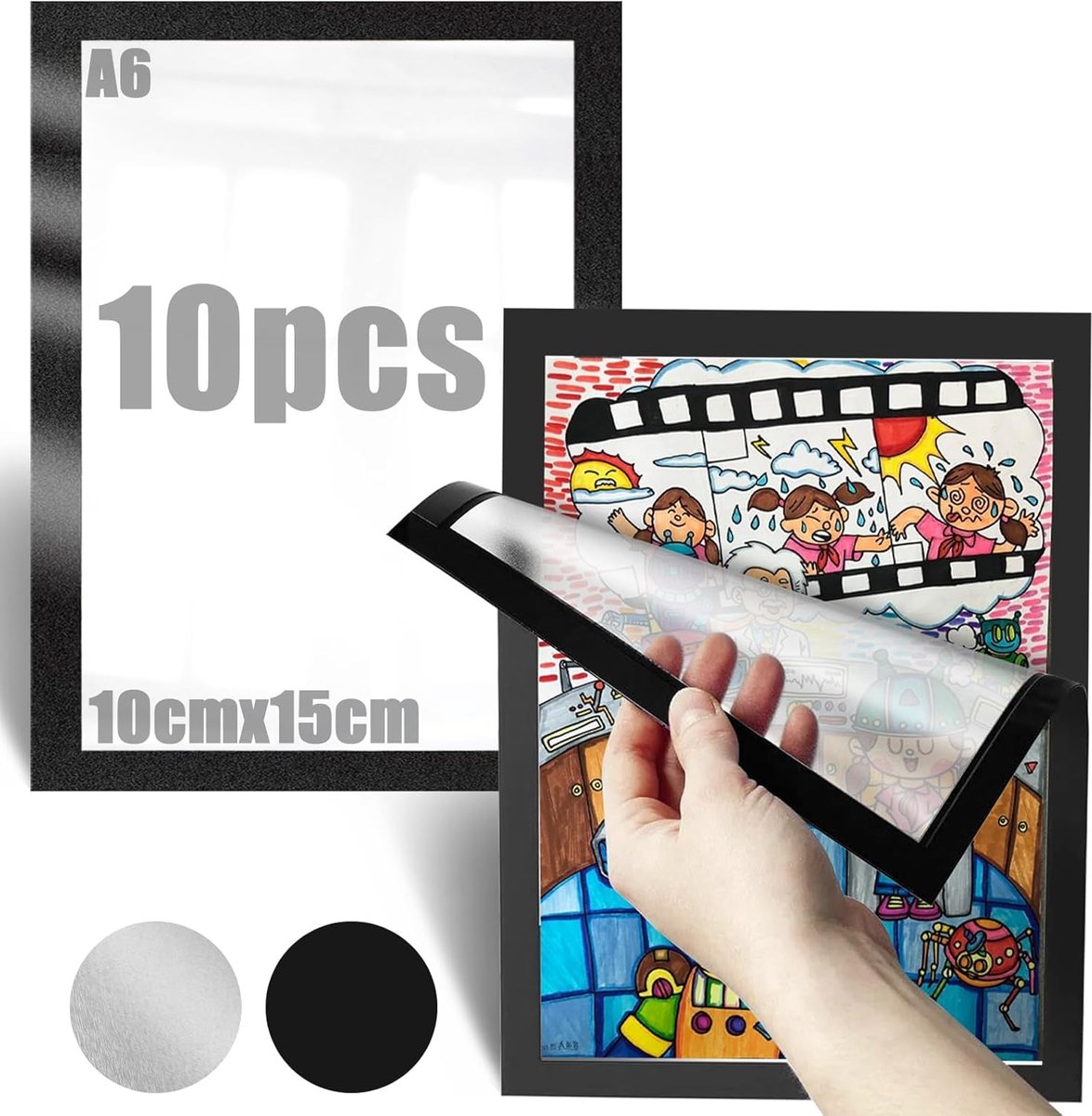 SnelShoppen - 10 Stuks Magnetische Fotolijsten A6 Zwart - Zelfklevende Magnetische Fotolijsten voor Foto's, Kunst en Documenten - Perfect voor Thuis,