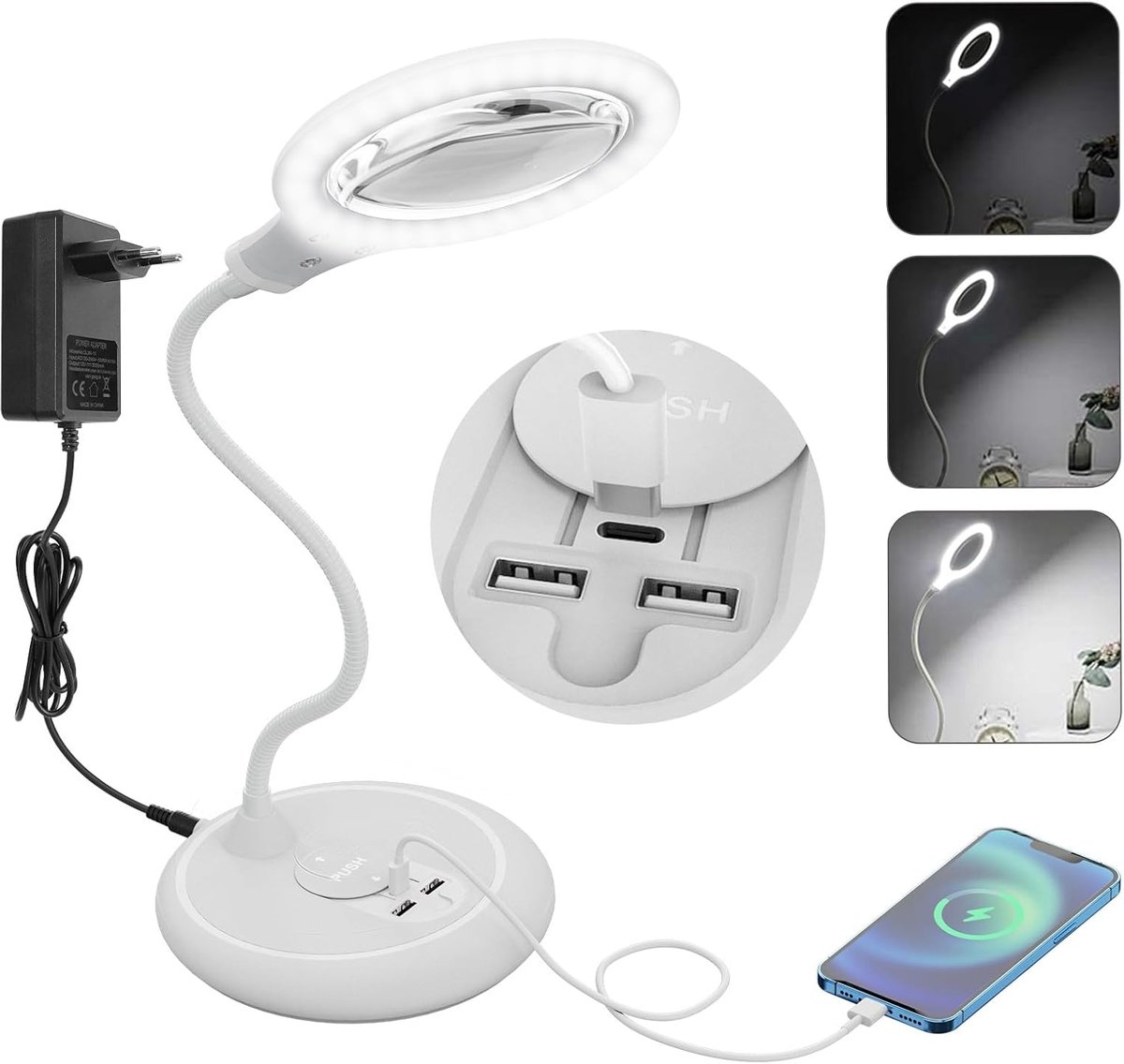 SnelShoppen - Vergrootglas met Licht 5-voudig Dimbaar Vergrootglas met Statief voor Senioren, Groot Vergrootglas voor Lezen, Hobby's en Ambachten, Wit