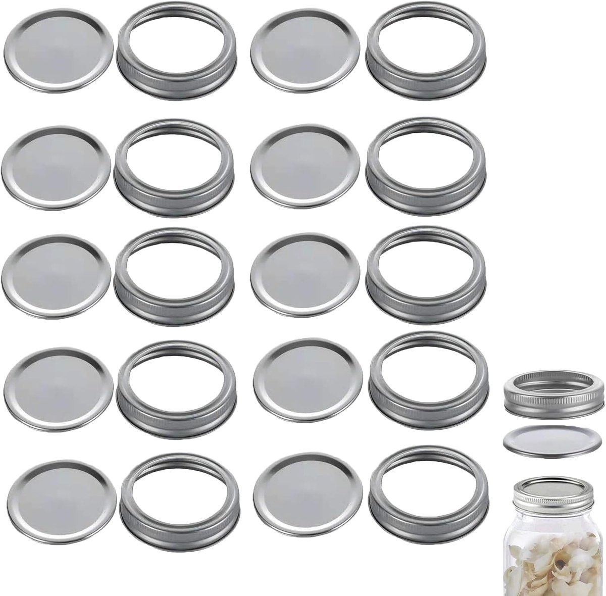 SnelShoppen - Set van 10 Wijde Mond Glazen Potten met Deksel, Herbruikbare Metalen Deksel, Voedsel Deksel, Lekvrije Bewaring voor Keuken en Camping
