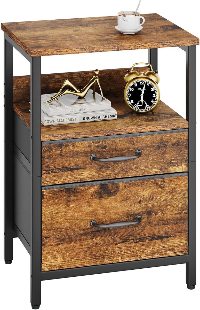SnelShoppen - Bedside Table met 2 Opberg Lades en Open Compartment, Stalen Frame, 40 x 30 x 54 cm, Houtlook Vintage voor Woonkamer en Slaapkamer