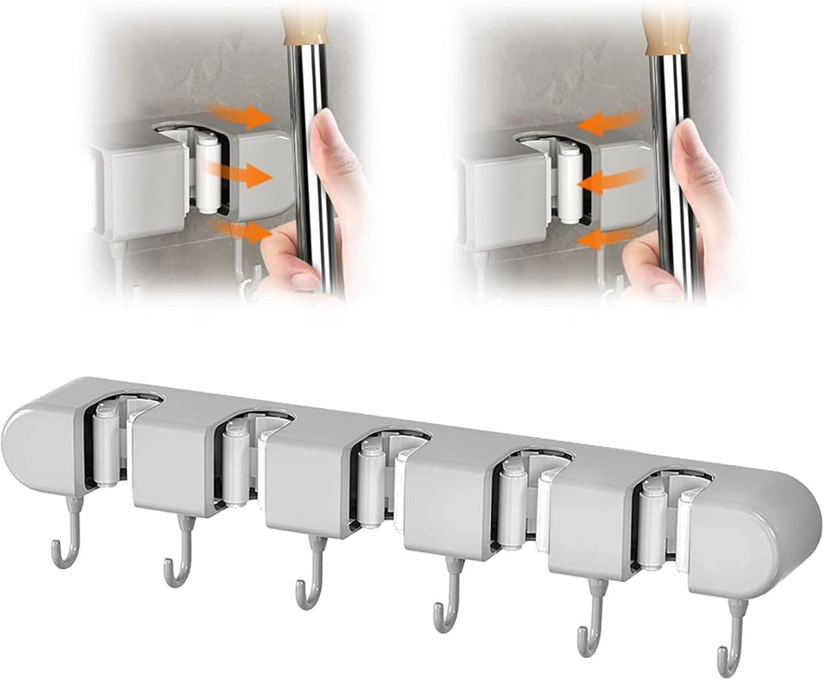 Broom Holder Wandmontage met 5 Clips - Grijs - 6 Haakjes - Ruimtebesparend voor Huishoudelijke Gereedschappen - SnelShoppen