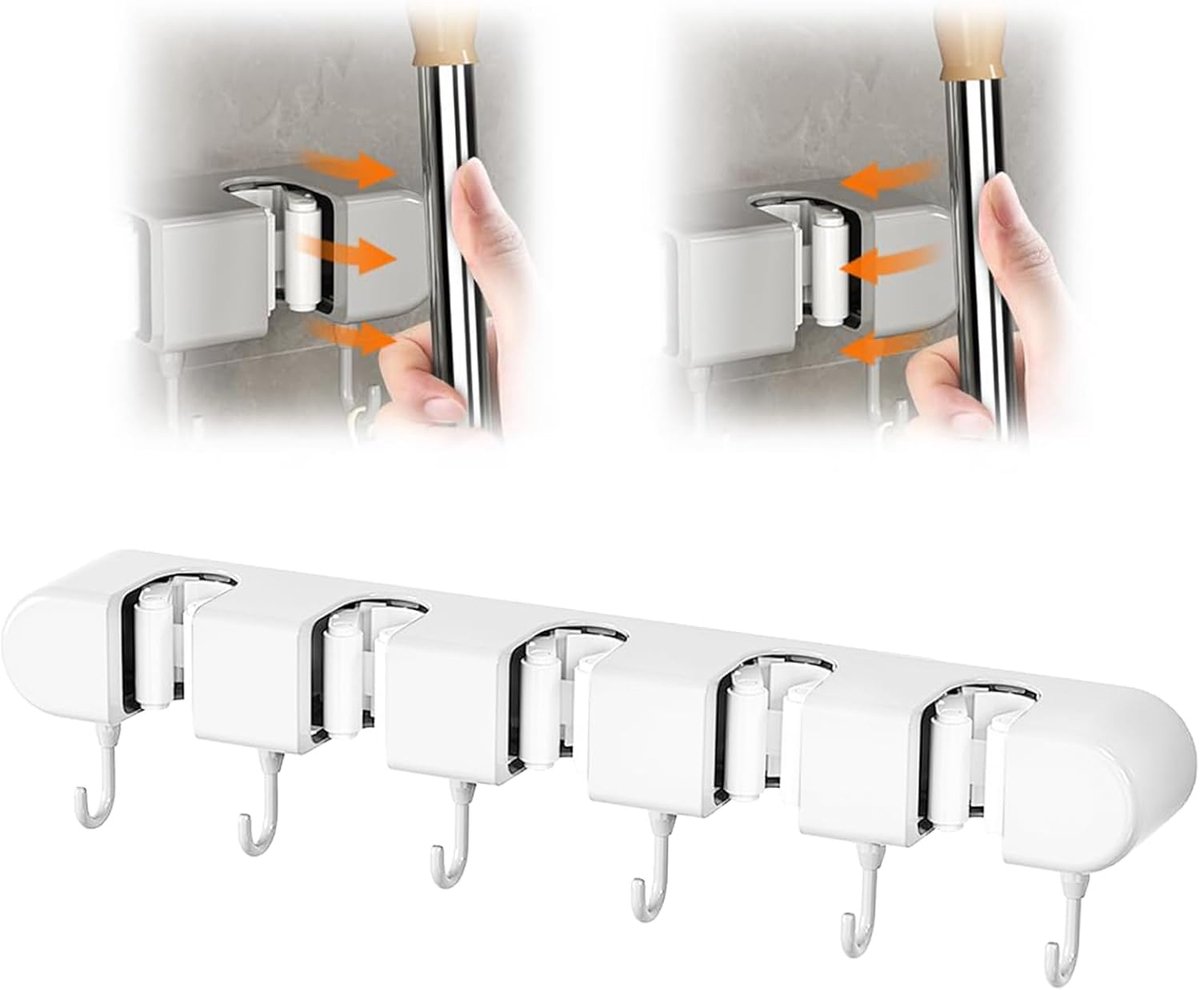 SnelShoppen - Broom Holder Wandgemonteerd met 5 Clips en 6 Haken Zelfklevende Tuin Gereedschap Houder voor Keuken, Garage, Badkamer (Wit)
