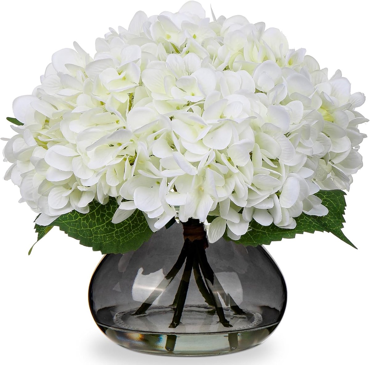 SnelShoppen - Kunstmatige Hortensia Bloemen in 4 Hoofden Vaasje met Echt Aanvoelende Nep Hortensia Bloemen in Glazen Vaasje met Nep Water voor Huis Ba