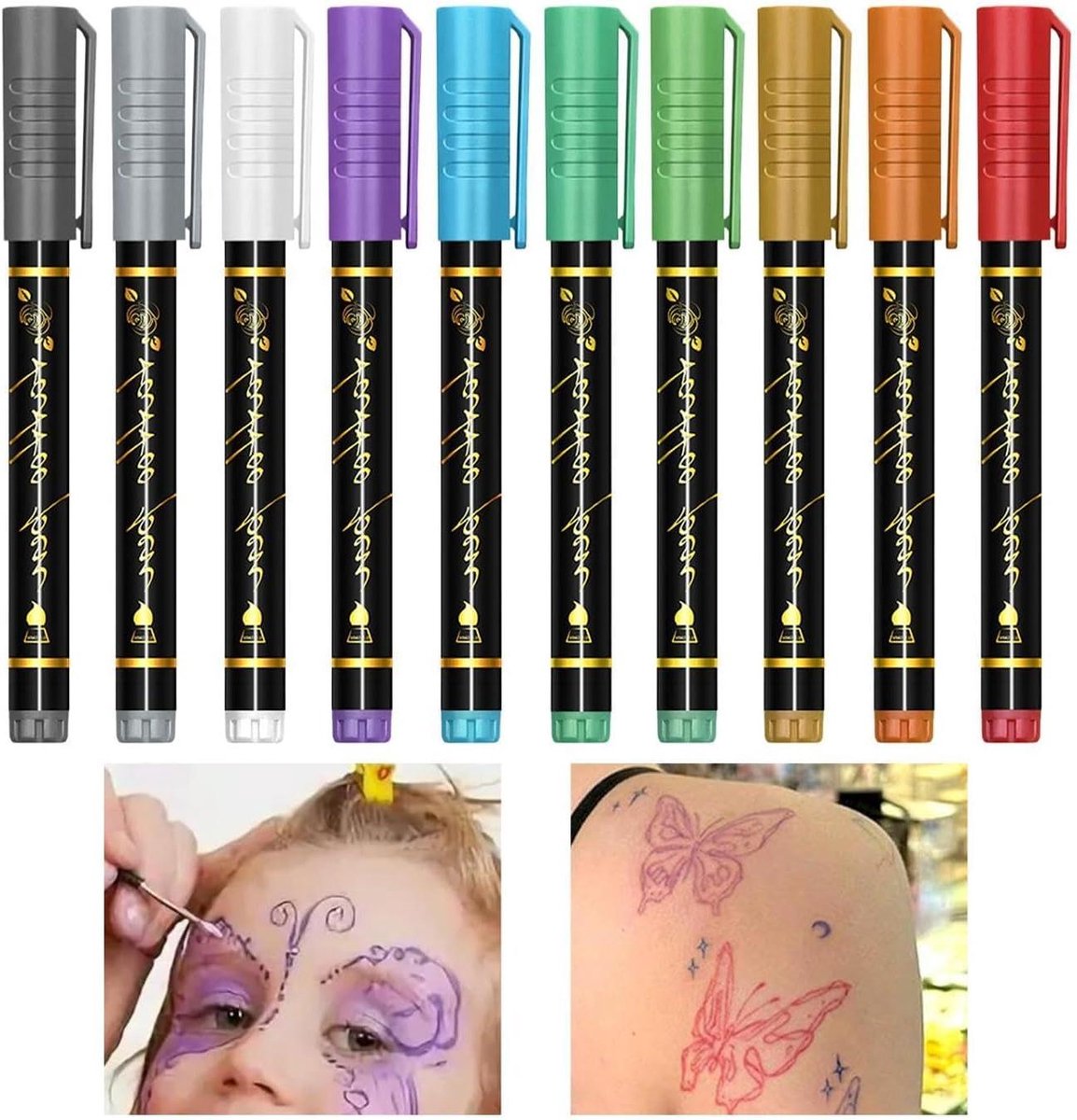 Huidverf Markers - Bodypennen Huidmarkers - Gezicht Tekenen - 10 Levendige Kleuren - 14.1 cm per stuk - Multi