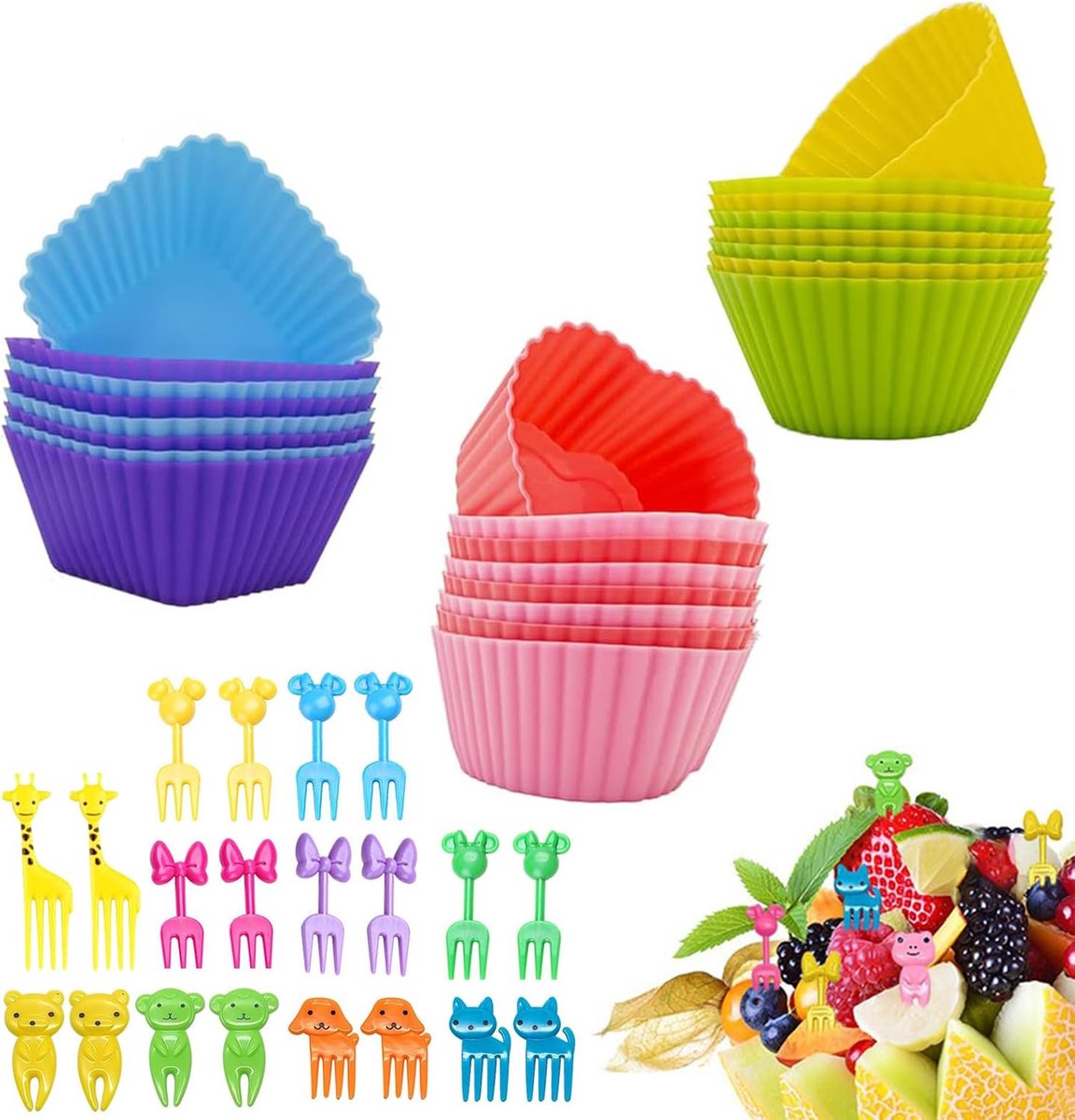 SnelShoppen - 24 Stuks Herbruikbare Siliconen Mallen, 20 Stuks Bento Decoraties, Muffin Mallen, Cupcake Bakvormpjes, Milieuvriendelijke Bakvormen voor